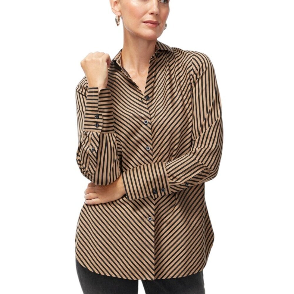 Chico's No Iron Sateen Imperial Stripe Button Front Blouse Black Tan Cotton